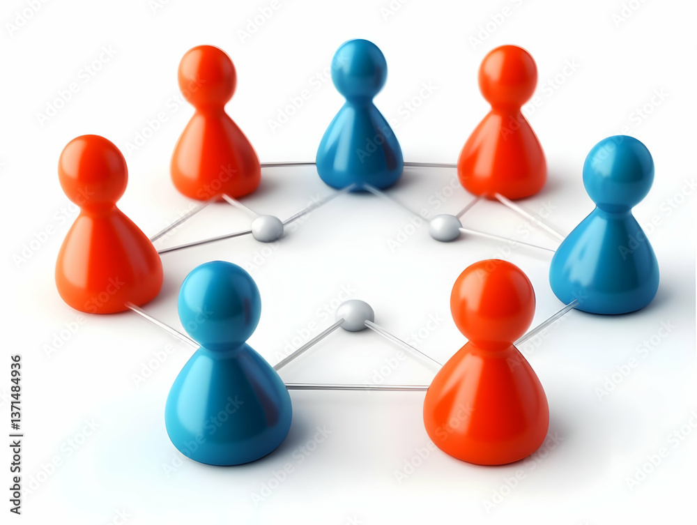 3D Illustration of Interconnected Human Figures in Red And Blue Colors Against White Background 3D Illustration of Interconnected Human Figures in Red And Blue Colors Against White Background