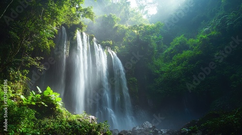 Waterfall in a lush rainforest jungle, mist rising from the cascade