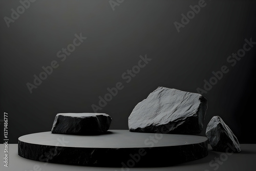 Abstract 3D Podium Stage With Stone Display on Black Background Presentation