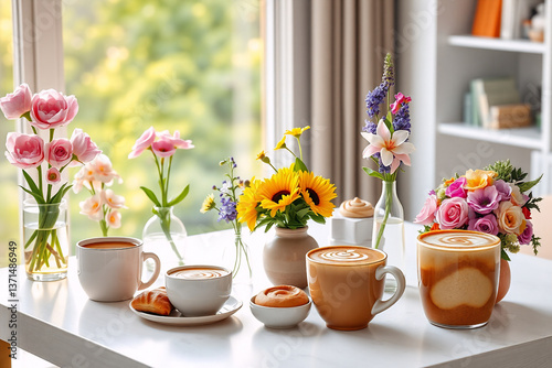 Wallpaper Mural Bright table setting with coffee, pastries and vibrant flowers in vases, creating a pleasant and welcoming ambiance for a delightful moment. Torontodigital.ca