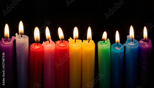 Colored candles glowing against a black background
