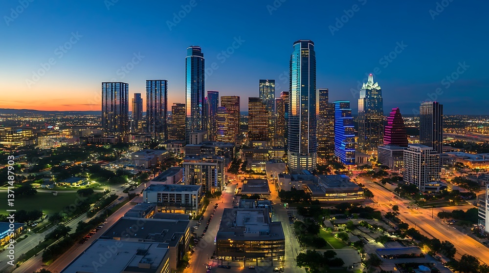 Obraz premium Nighttime time-lapse of a cityscape with illuminated skyscrapers, vibrant urban glow with city lights and skyscrapers