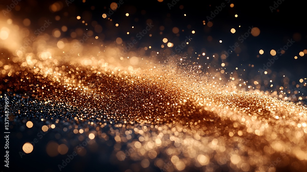 Golden Sparkle: Abstract Glowing Light Particles on Dark Background Creates a Luxurious and Festive Visual Texture.