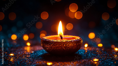 Illuminated Diya, Festive Lights, Dark Background