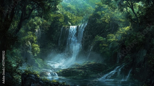 Waterfall in the forest HD 8K wallpaper