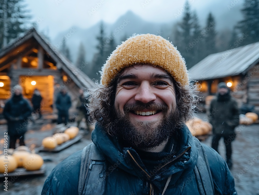 Man smiles in mountain chalet Man smiles in mountain chalet