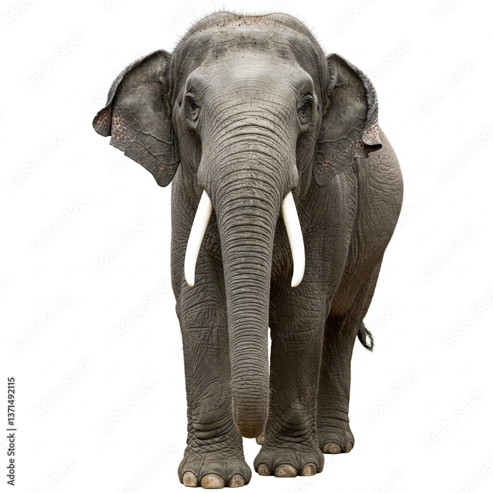 Obraz premium Close-up portrait of an Asian elephant isolated on white background, perfect for wildlife conservation themes 