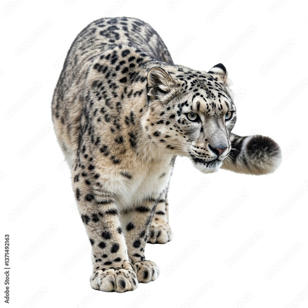 Rare and powerful Snow leopard isolated on white background, stunning predator portrait stock photo
Rare and powerful Snow leopard isolated on white background, stunning predator portrait stock photo