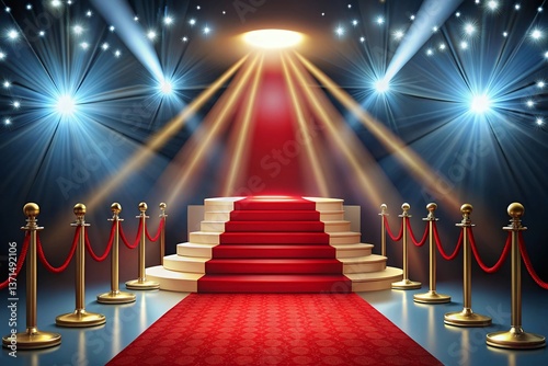 A glamorous red carpet ascending to a spotlight stage, bathed in the radiant glow of paparazzi flashes, promising a night of awards and celebration.