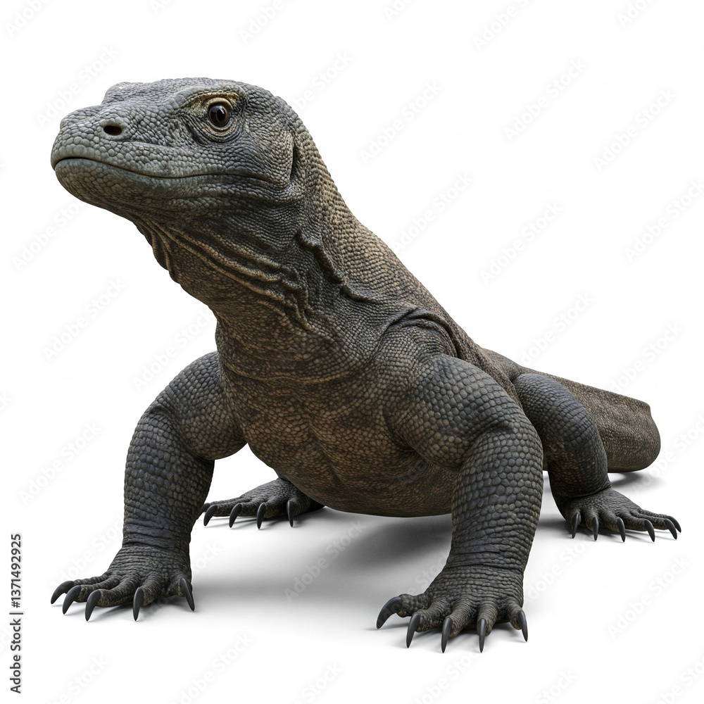 Obraz premium Close-up portrait of a Komodo dragon isolated on white background, endangered reptile species stock photo 