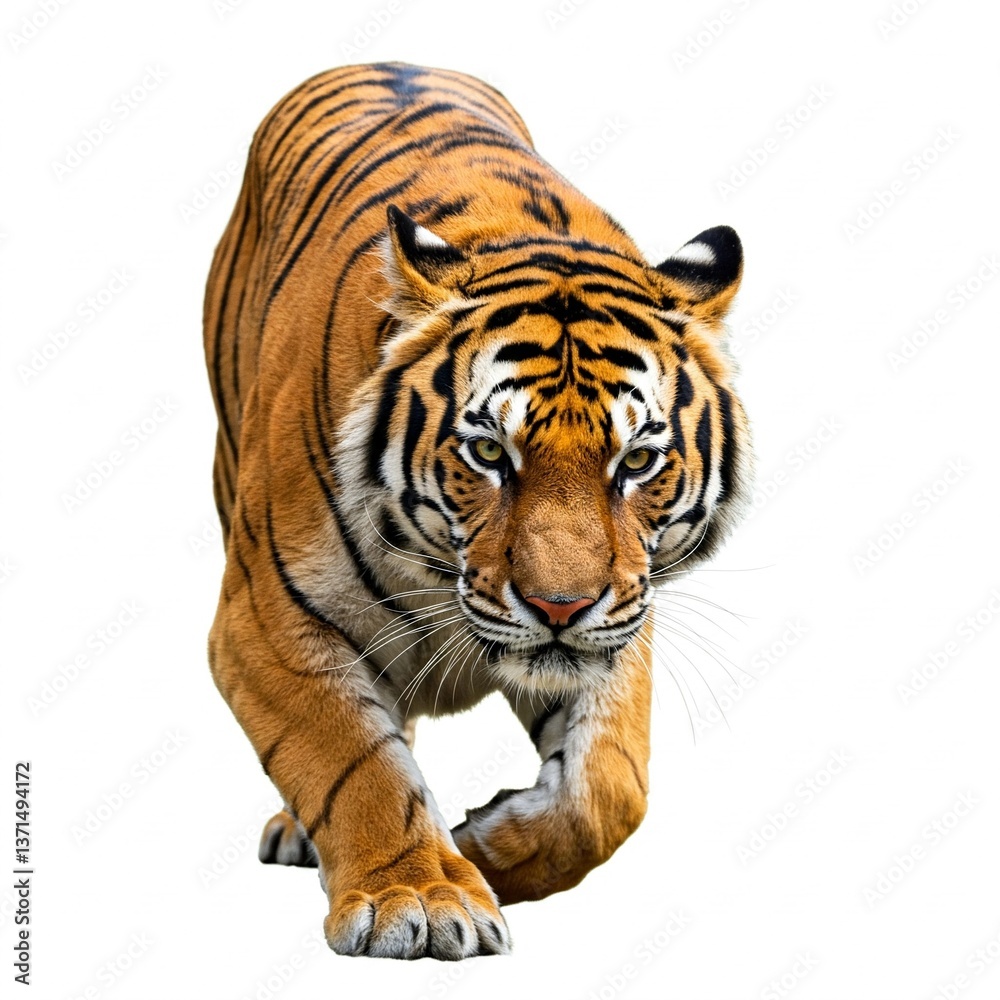 Fototapeta premium Majestic Bengal Tiger standing isolated on white background, perfect for wildlife photography, nature stock images, and animal-themed projects.