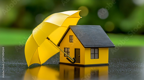 Conceptual Image of a Yellow House Under Yellow Umbrella Photo