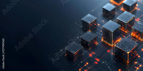 Digital cubes with orange glowing lights represent abstract technology background