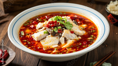 Large bowl of spicy fish slices with red broth, cilantro, and chili garnish.