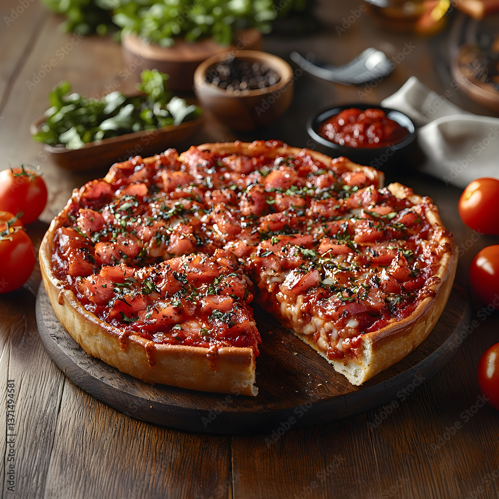 A Pizza With A Lot Of Tomatoes On A Wooden Table (AI Image) A Pizza With A Lot Of Tomatoes On A Wooden Table (AI Image)