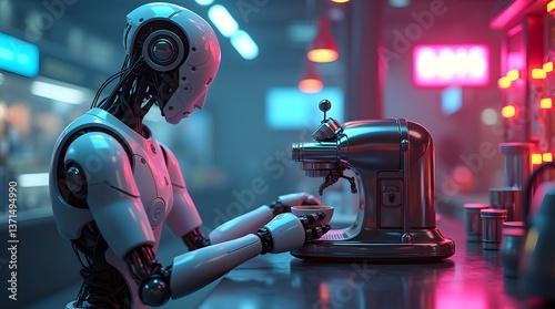 Futuristic Robot Making Coffee in a Cyberpunk-Themed Café