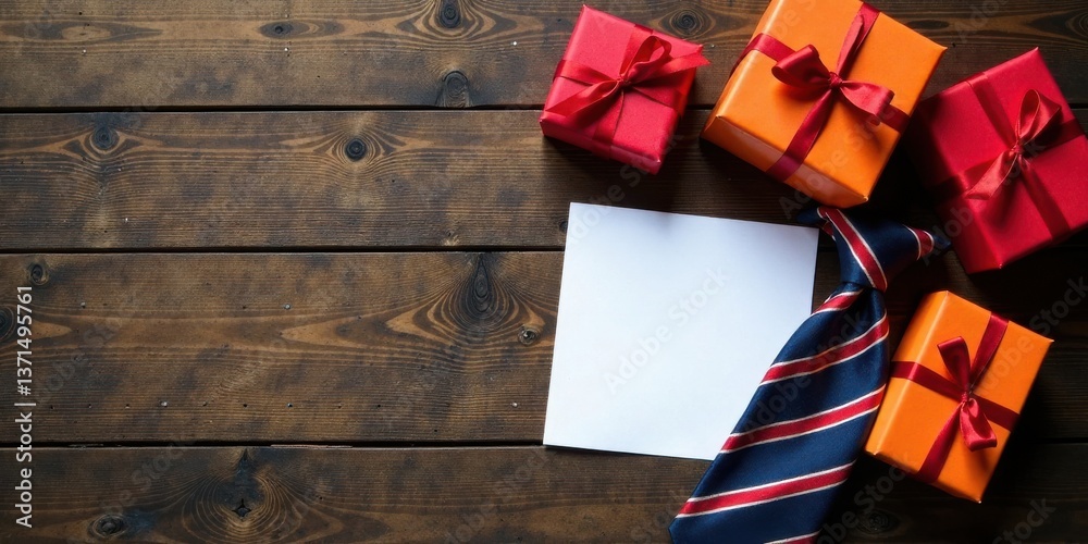 Obraz premium A blank card rests among festively wrapped gifts and a neatly folded necktie on a rustic wooden surface, perfect for celebratory messages.