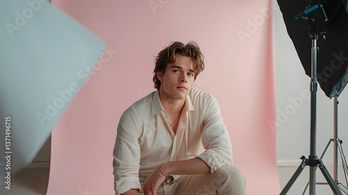 Elegant portrait of a young man in studio art photography soft lighting stylish environment editorial perspective