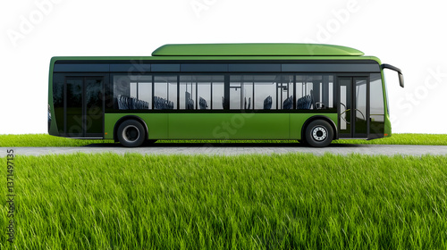 Green Bus On Road With Grass Isolated On White Background
