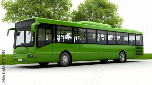 Green Bus Vehicle on Road with Trees Photo Illustration