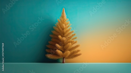 Single pine tree placed on a smooth gradient background in deep cyan, golden amber, and ivory colors. Simple and clean layout with natural tree detail.
