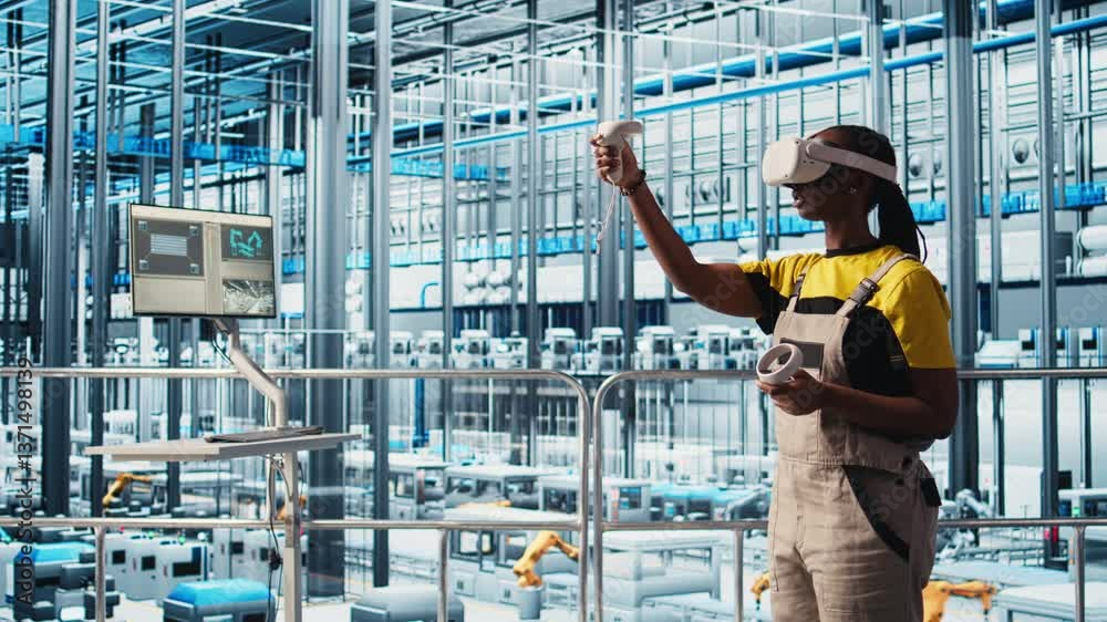 Photovoltaics smart factory technician fixing damaged IoT sensors using VR headset. Engineer in industry 4.0 solar panels plant using virtual reality find errors and reduce downtime, camera A