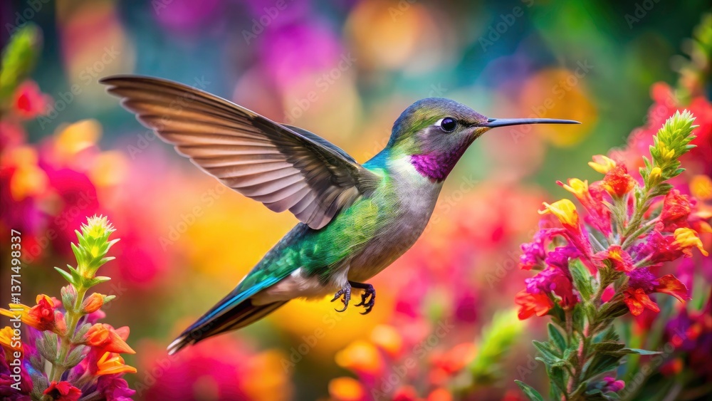 Fototapeta premium Hummingbird in Flight: A Kaleidoscopic Marvel with Vibrant Colors, High Depth of Field, Nature's Beauty, and Captivating Motion