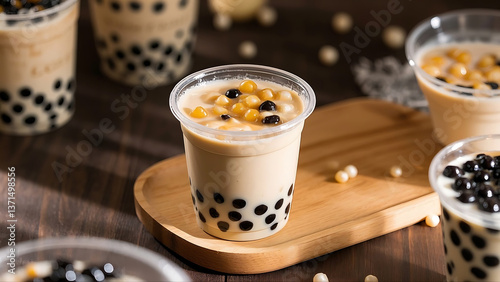 Plastic cups of bubble tea with various pearls on a wooden board.