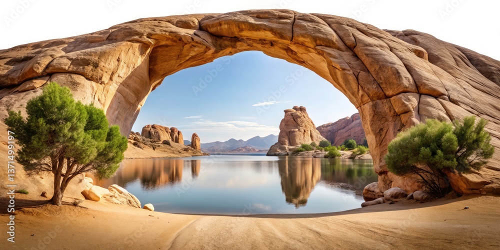 Fototapeta premium Long Exposure Desert Archway Lake - Stunning Night Photography, Celestial Landscape, Starry Sky, Rock Formation