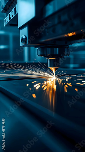 Industrial Metal Cutting with Sparks Illustration of Manufacturing Process and Blue Tones