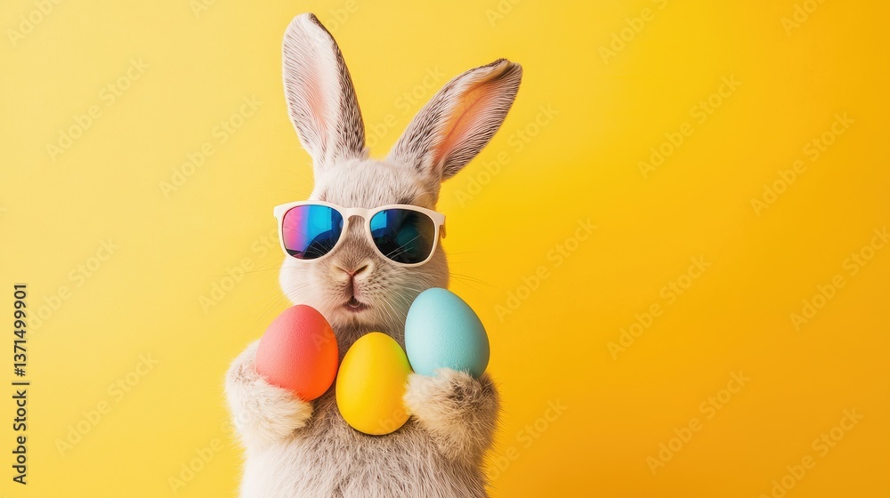Obraz premium Funny Easter bunny in white sunglasses holding colorful eggs on bright yellow background. Great for spring promotions, greeting cards, and festive advertising content