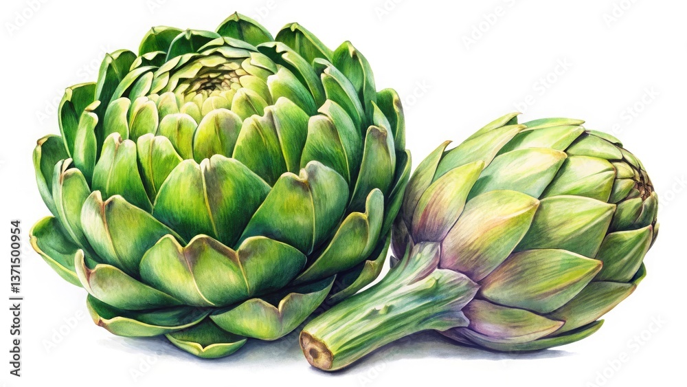 Fototapeta premium Watercolor Artichoke Still Life: Detailed Botanical Painting of Two Connected Artichokes