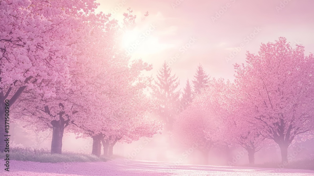 Dreamy Cherry Blossom Path: Backlit Spring Trees in Pastel Sky Dreamy Cherry Blossom Path: Backlit Spring Trees in Pastel Sky