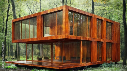 A Modern Wooden House Surrounded by Lush Green Forest Trees