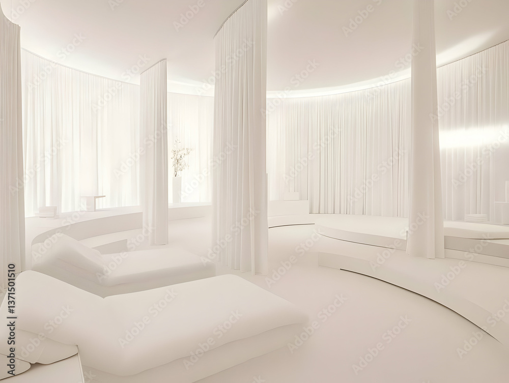 Fototapeta premium Minimalist White Spa Interior Design With Loungers and Curtains Photo