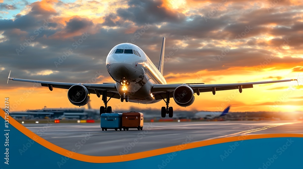 Obraz premium Airline Travel Adventure Concept with Classic Suitcases Stacked on Airport Ground and Jet Airplane Ascending Above Clouds Illuminated by Dramatic Sunset Skies
