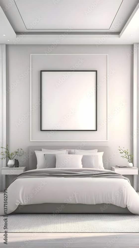 Fototapeta premium Modern Bedroom Interior With White Bed Frame Decor And Minimalist Design Photo
