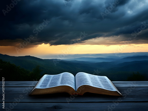 Open Book on Wooden Table in Dramatic Sunset Over Mountain Landscape