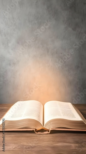 Open Book on Wooden Table with Light and Detailed Pages Photo