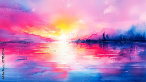 Vibrant Sunset Landscape: Water Reflection, City Silhouette, Colorful Sky