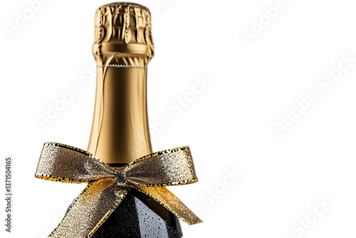 Elegant champagne bottle wrapped with ribbon Isolated on white background or PNG background .