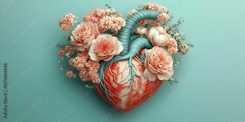 Naklejka premium Photo Illustration of Heart Shape Surrounded by Flowers Against Teal Background