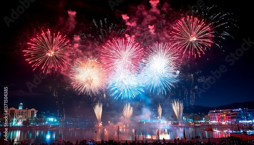 Fireworks display over city lake.