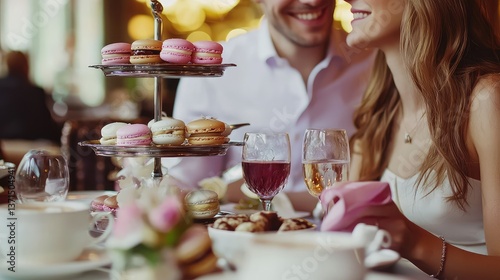 Couple enjoying high tea with macarons, scones, and elegant pastries