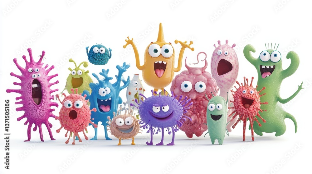 Naklejka premium A whimsical depiction of a bacteria party, animated characters, joyful expressions, isolated on white background