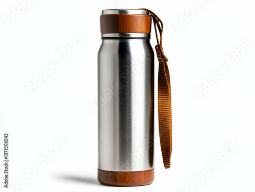 Photo of a Stainless Steel Thermos Bottle with Wood Details Isolated on White