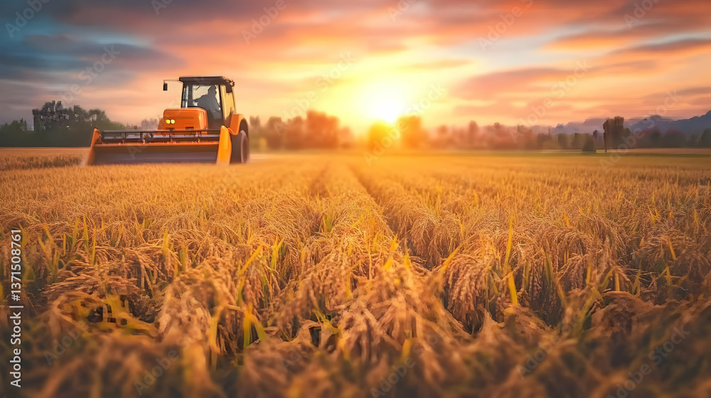 Fototapeta premium Photo of Combine Harvester in Golden Wheat Field During Sunset