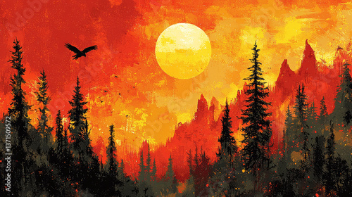 Fiery Sunset Landscape: Mountains, Forest, and Eagle Silhouette