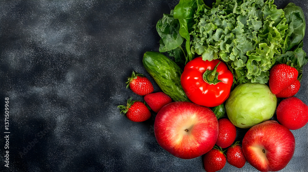 Photo Of Fresh Red Apples Strawberries Pepper Cucumber And Green Kale on Dark Surface Photo Of Fresh Red Apples Strawberries Pepper Cucumber And Green Kale on Dark Surface