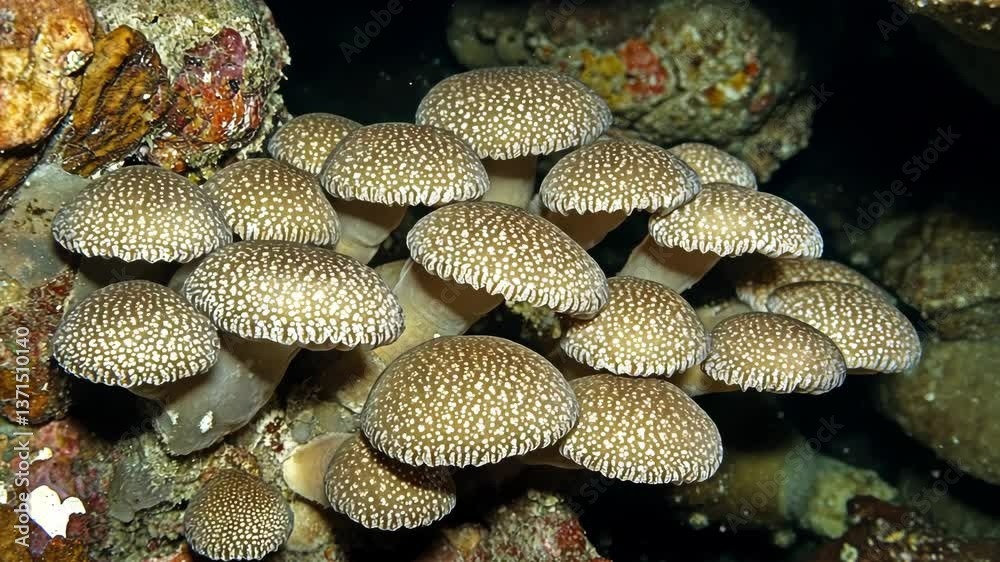 Unique coral mushrooms thriving in a vibrant underwater habitat at a depth of 20 meters in the ocean Unique coral mushrooms thriving in a vibrant underwater habitat at a depth of 20 meters in the ocean